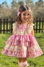 VE25-17 Ruffle Roses and hearts pink Dress+hairbow